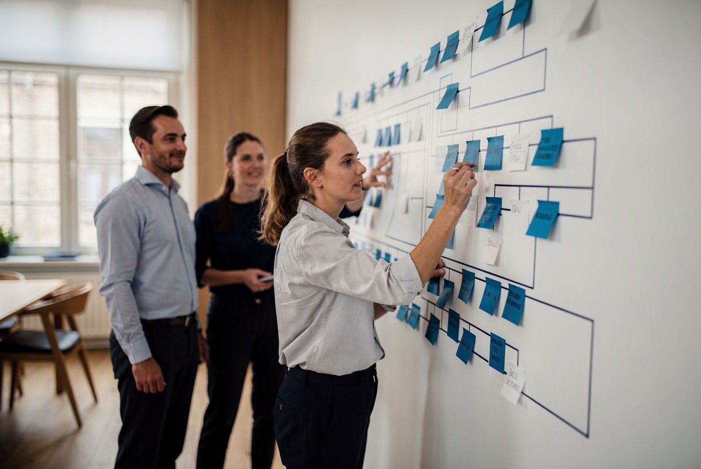 Team brengt een bedrijfsproces in kaart met notities op de wand